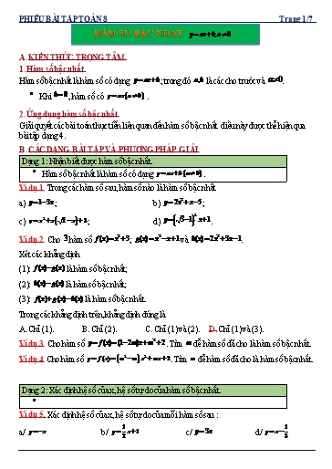Phiếu bài tập dạy thêm - Chuyên đề: Hàm số bậc nhất - Toán 8 Kết nối tri thức