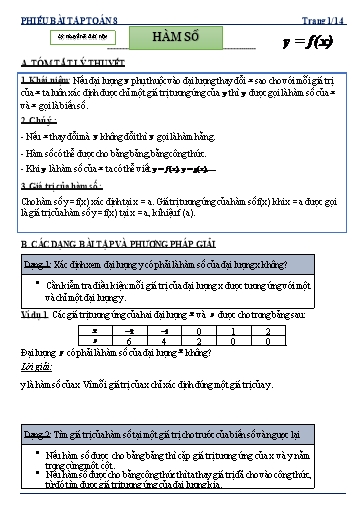 Phiếu bài tập dạy thêm - Chuyên đề: Hàm số - Toán 8 Kết nối tri thức