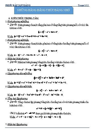 Phiếu bài tập dạy thêm - Chuyên đề: Những hằng đẳng thức đáng nhớ - Toán 8 Kết nối tri thức