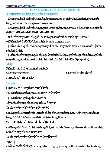 Phiếu bài tập dạy thêm - Chuyên đề: Phân tích đa thức thành nhân tử - Toán 8 Kết nối tri thức