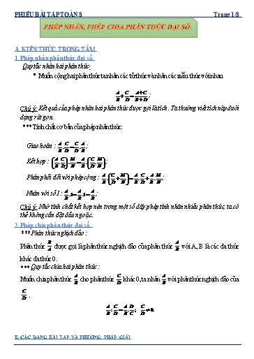 Phiếu bài tập dạy thêm - Chuyên đề: Phép nhân, phép chia phân thức đại số - Toán 8 Kết nối tri thức
