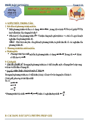 Phiếu bài tập dạy thêm - Chuyên đề: Phương trình bậc nhất một ẩn - Toán 8 Kết nối tri thức