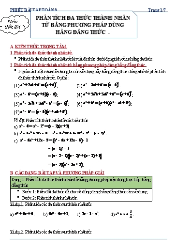 Phiếu bài tập dạy thêm - Chuyên đề: Vận dụng hằng đẳng thức vào phân tích đa thức thành nhân tử - Toán 8 Kết nối tri thức