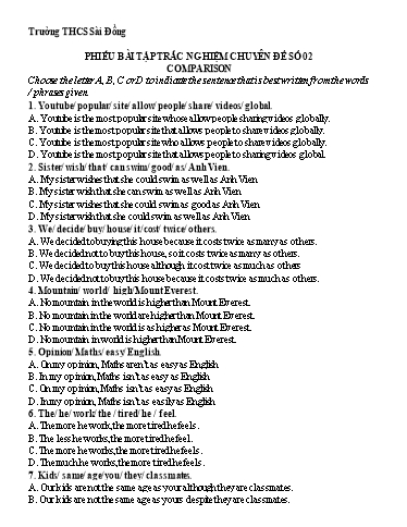 Phiếu bài tập trắc nghiệm ôn thi tiếng Anh vào 10 - Chuyên đề 2: Comparision