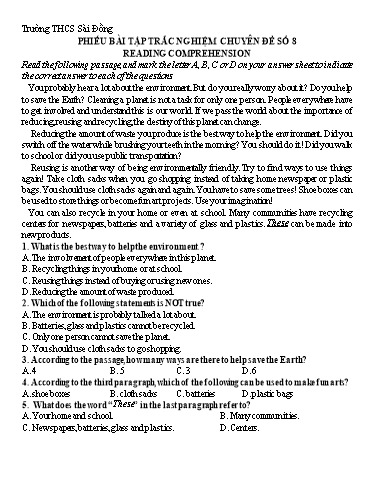 Phiếu bài tập trắc nghiệm ôn thi tiếng Anh vào 10 - Chuyên đề 8: Reading comprehension