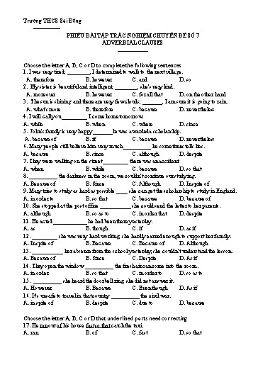 Phiếu bài tập trắc nghiệm ôn thi tiếng Anh vào 10 - Chuyên đề 7: Adverbial clause