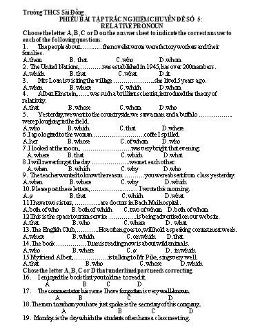 Phiếu bài tập trắc nghiệm ôn thi tiếng Anh vào 10 - Chuyên đề 5: Relative clause