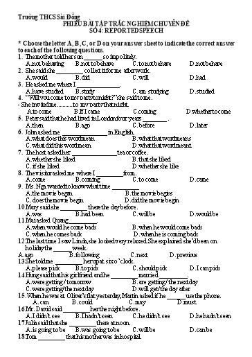 Phiếu bài tập trắc nghiệm ôn thi tiếng Anh vào 10 - Chuyên đề 4: Reported speech