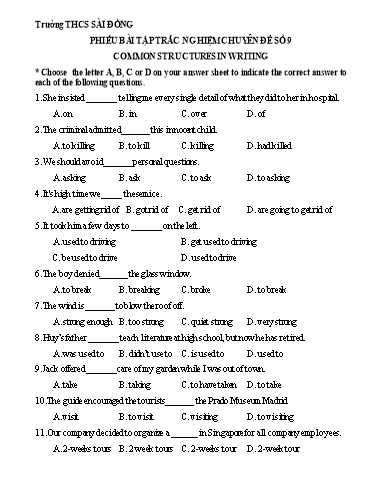 Phiếu bài tập trắc nghiệm ôn thi tiếng Anh vào 10 - Chuyên đề 9: Common structures in writing