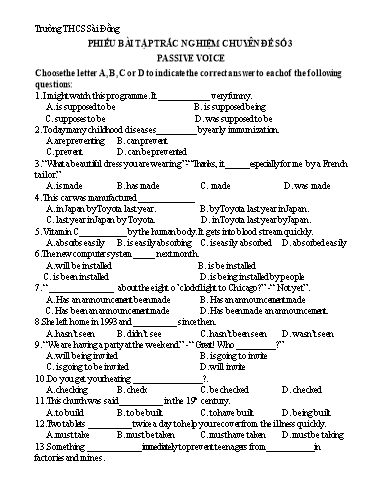 Phiếu bài tập trắc nghiệm ôn thi tiếng Anh vào 10 - Chuyên đề 3: Passive voice