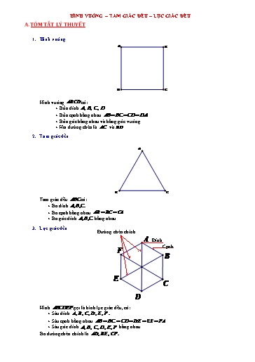 Tóm tắt lý thuyết và bài tập trắc nghiệm Chuyên đề Hình tam giác đều, hình vuông, hình lục giác đều Toán 6 Tóm tắt lý thuyết và bài tập trắc nghiệm Chuyên đề Hình tam giác đều, hình vuông, hình lục giác đều Toán 6